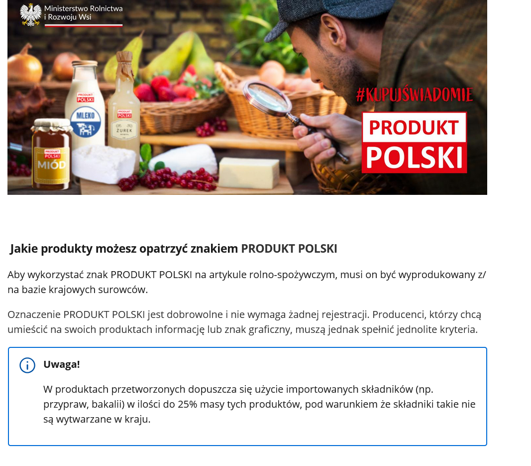 Zrzut ekranu ze strony Ministrerstwa Rolnictwa i Rozwoju Wsi przedstawiający znak "Produkt polski"