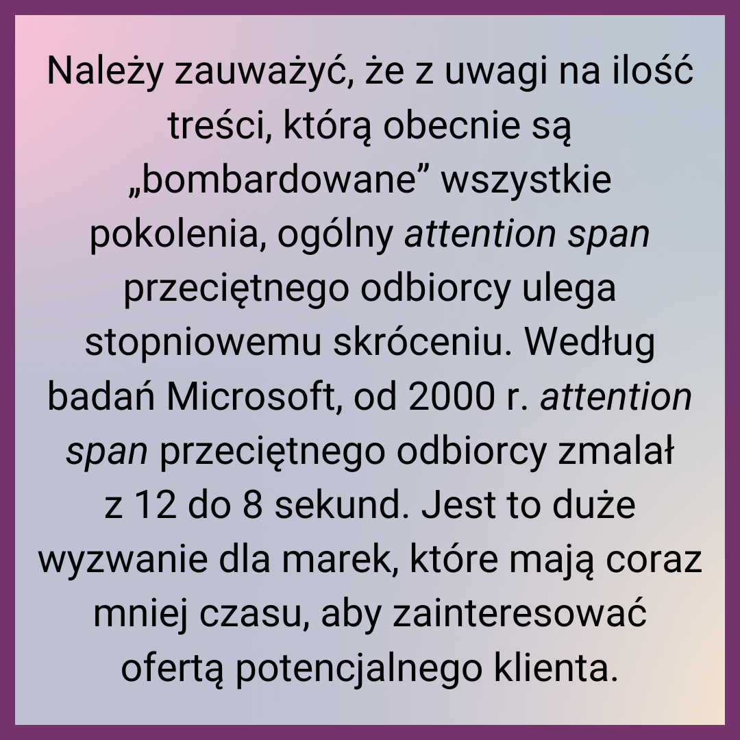 Należy zauważyć, że, z uwagi na ilość treści, którą obecnie są „bombardowane” wszystkie pokolenia, ogólny attention span przeciętnego odbiorcy ulega stopniowemu skróceniu. Według badań Microsoft, od 2000 r. attention span przeciętnego odbiorcy zmalał z 12 do 8 sekund. Jest to duże wyzwanie dla marek, które mają coraz mniej czasu, aby zainteresować ofertą potencjalnego klienta.