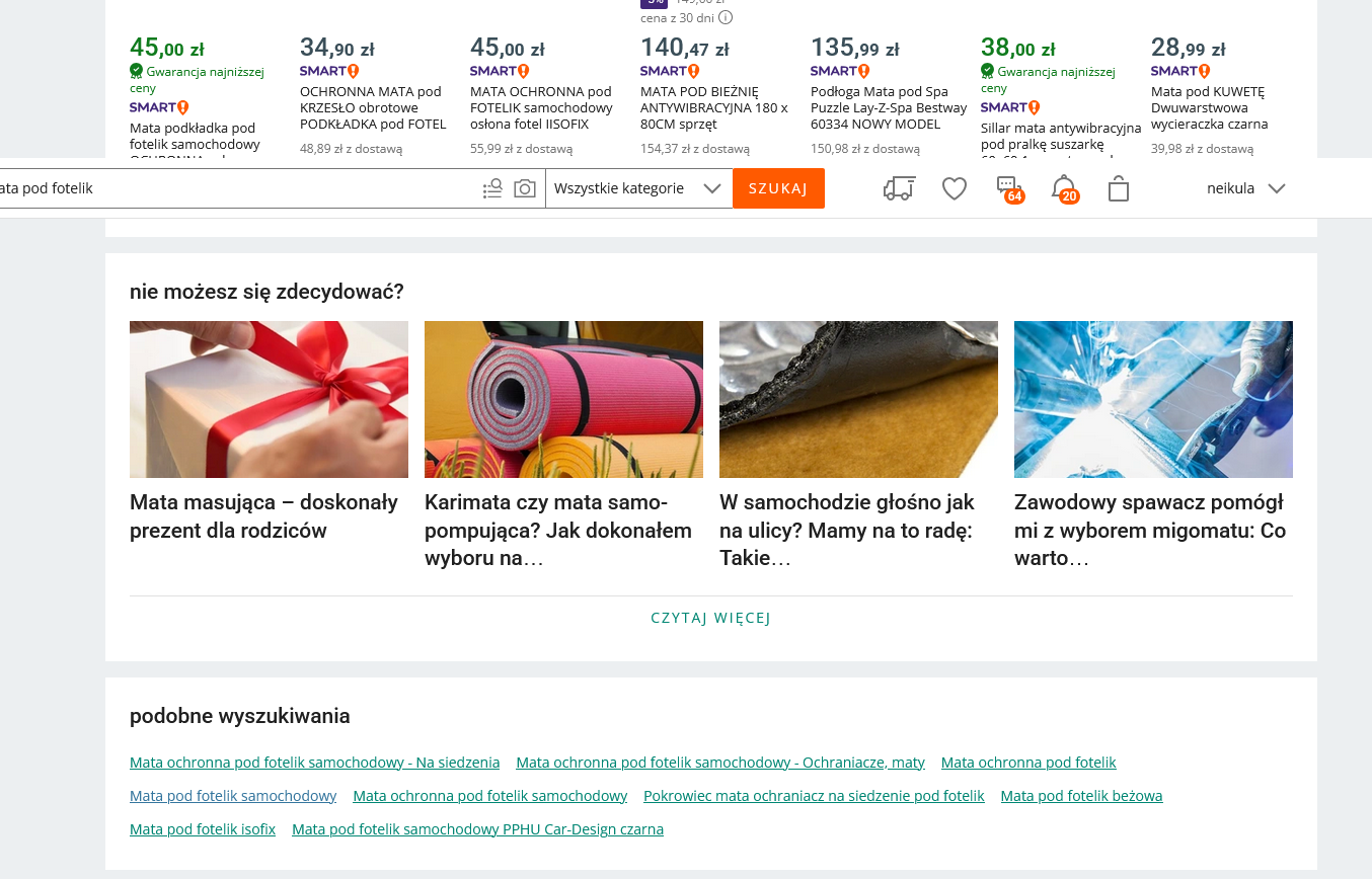 Przykładowe podpowiedzi z serwisu Allegro. Podobne hasła do hasła "mata pod fotelik": mata masująca, karimata