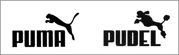 Po lewej oryginalne logo marki Puma, po prawej podrobione logo "Pudel" z pudlem zastępującym grafikę pumy